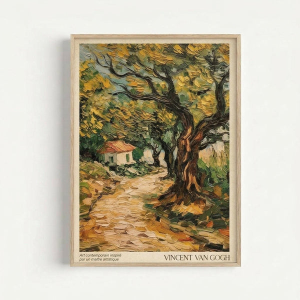 May include: Framed Van Gogh reproduction print hanging on white wall, showing impressionist landscape with gnarled olive tree, winding dirt path, and small house. Thick brushstrokes create textured appearance in yellows, greens, and earth tones. Light wood frame with cream matting displays the classic post-impressionist artwork in modern interior setting.
