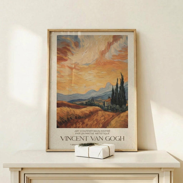 May include: Van Gogh-style landscape poster in light wood frame, featuring golden wheat fields, dark cypress trees, and swirling orange sunset sky with mountains in background. Text reads "Vincent Van Gogh" below artwork. Frame sits on light wood console table against cream wall with small white wrapped gift box nearby.