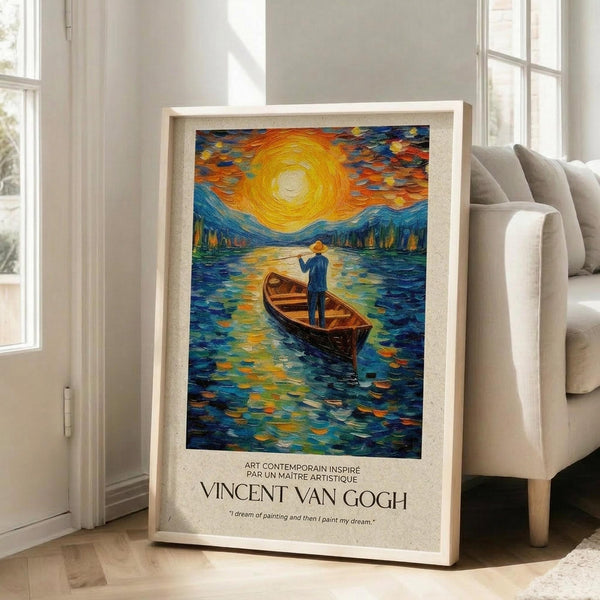 May include: Framed poster with Van Gogh-inspired artwork showing a figure standing in a wooden boat on swirling blue water under a dramatic yellow sun and colorful sky. The print features thick, painterly brushstrokes in blues, oranges, and yellows. Text below reads "Vincent Van Gogh" with a quote about dreaming and painting. The light wood frame leans against a white wall next to a beige sofa in a bright room with large windows.