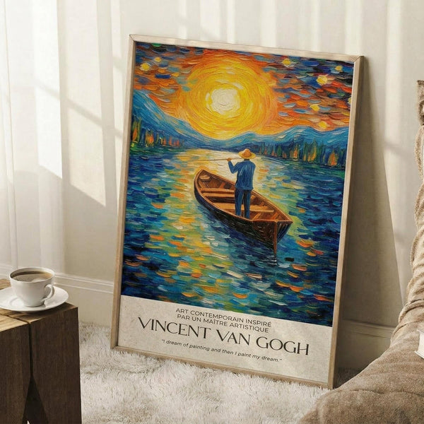 May include: Framed poster print featuring Van Gogh-inspired artwork showing a figure in a wooden boat on swirling blue water beneath a dramatic yellow sun and starry sky, displayed leaning against white wall corner next to coffee cup on wooden block and beige throw blanket on white furry rug