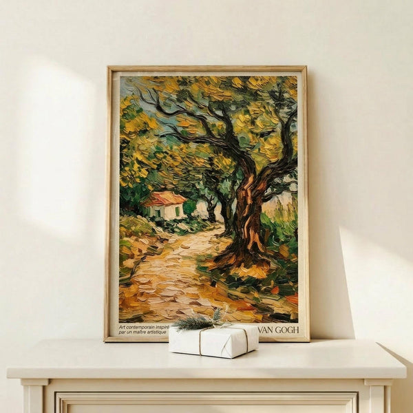 May include: Framed Van Gogh-style poster displaying swirling brushstrokes in golden yellows and greens, depicting olive trees along a winding path leading to a small house. The artwork features thick, expressive paint textures characteristic of post-impressionist style. Shown in light wood frame on white floating shelf against cream wall, with small white decorative object nearby for scale.