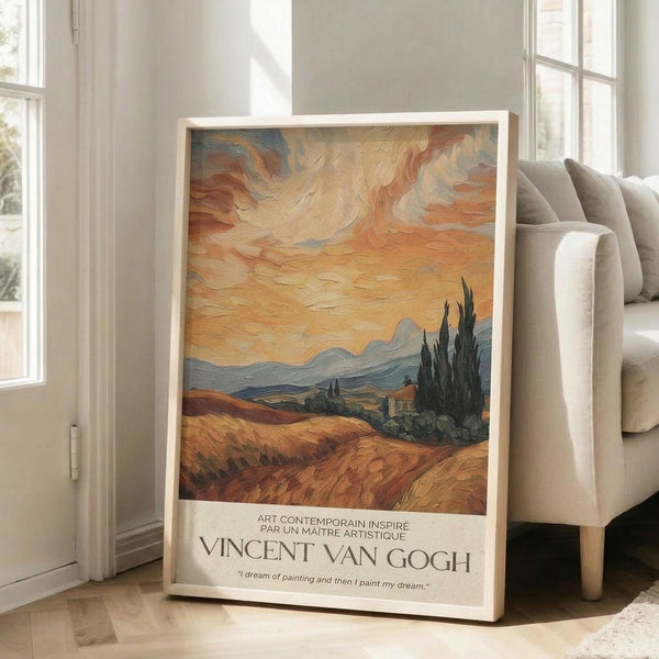 May include: Framed Van Gogh-inspired landscape poster featuring swirling orange and yellow sky over rolling hills with dark cypress trees and distant mountains. The print shows thick, textured brushstrokes in warm earth tones with French text below the artwork. White frame leans against beige sofa in bright room with tall windows and hardwood floors.