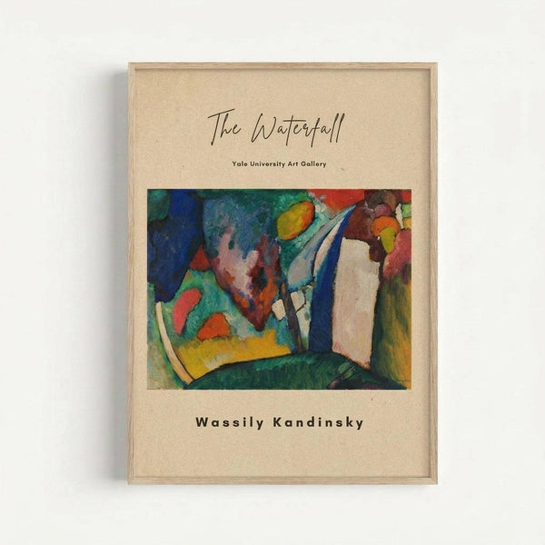 Framed abstract art print featuring vibrant colors including blues, greens, reds, yellows, and white in Kandinsky's distinctive expressionist style. The artwork shows flowing, organic shapes and bold brushstrokes. Displayed in a light wood frame against a white wall, with text reading "The Waterfall," "Yale University Art Gallery," and "Wassily Kandinsky" on cream-colored matting around the colorful central image.