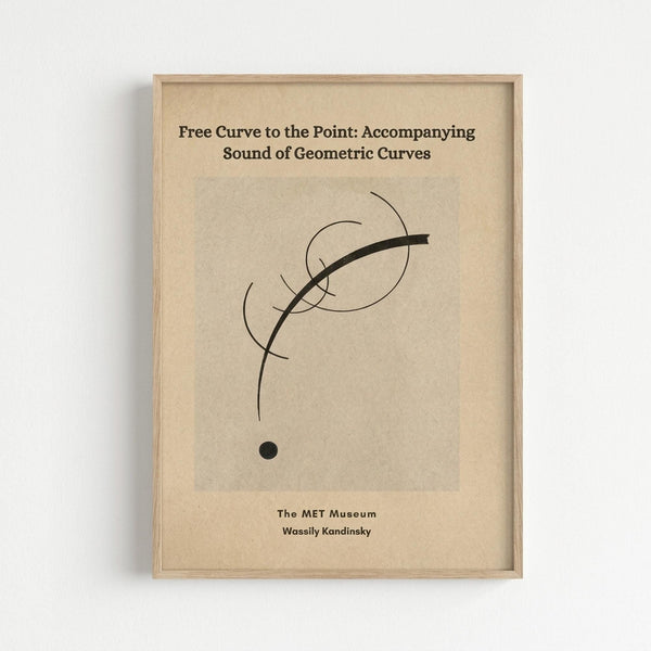 A framed abstract art print featuring black curved lines and geometric shapes on a beige background, displayed against a white wall. The minimalist design shows flowing curves intersecting with a circle and a small dot below, creating a dynamic composition. The artwork is housed in a natural wood frame and includes text crediting The MET Museum and Wassily Kandinsky at the bottom.