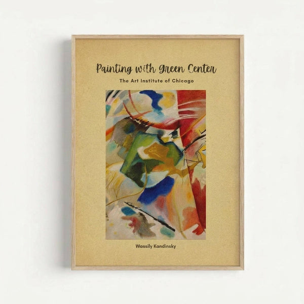 Framed abstract art print featuring vibrant swirling brushstrokes in red, blue, green, yellow and orange with dynamic curved lines and geometric shapes. The colorful Kandinsky-style artwork is displayed in a light wood frame with cream matting against a white wall, showing flowing organic forms and energetic movement throughout the composition.