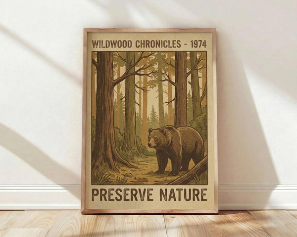 May include: Vintage-style poster print featuring a brown bear in a forest scene with tall trees and golden lighting. The artwork has "Wildwood Chronicles - 1974" at the top and "Preserve Nature" at the bottom in brown text on a cream background. Displayed in a thin wooden frame leaning against a white wall on light wood flooring with natural sunlight streaming across the scene.