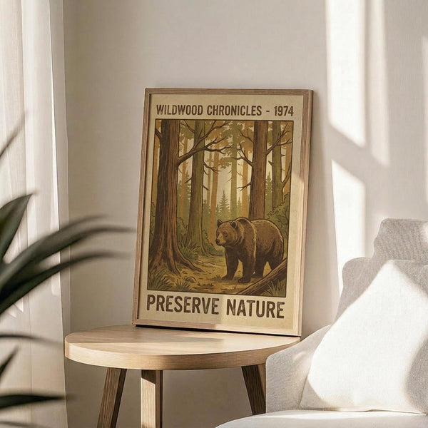 May include: Framed vintage-style poster featuring a brown bear walking through a sunlit forest with tall trees and golden lighting. The artwork has earthy tones in browns, greens, and yellows with "Preserve Nature" text at bottom. The wooden-framed print sits on a round light wood side table next to a beige upholstered chair, with a green plant leaf visible in the corner and soft natural lighting creating shadows on white walls.