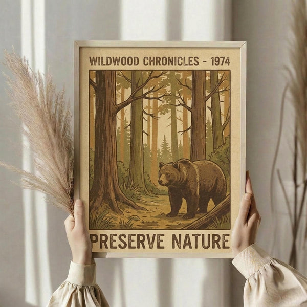 May include: Person in cream blouse holding framed vintage-style poster featuring brown bear walking through tall forest trees in earth tones. Dried wheat stems visible on left side. Natural lighting creates soft shadows on neutral background wall.