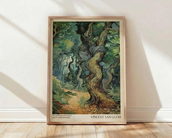 May include: Framed art print of swirling cypress trees in Van Gogh's distinctive style, featuring flowing brushstrokes in deep greens, blues and golden browns. The vertical composition shows twisted tree trunks and foliage with characteristic wavy, rhythmic patterns. Print has cream matting and light wood frame, leaning against white textured wall on light wooden floor with natural shadows.