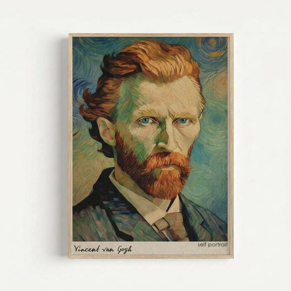 Framed art print showing Van Gogh's self-portrait with reddish-brown hair and beard, piercing blue eyes, wearing a dark jacket with white collar. The portrait features his characteristic swirling brushstroke style with a blue-green spiral background. Text at bottom reads "Vincent van Gogh" and "self portrait." Light wood frame against white wall.