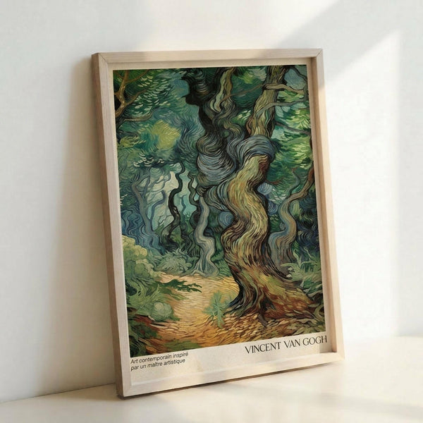 Framed art print featuring Van Gogh's swirling, twisted trees in vibrant greens, blues, and earth tones with characteristic flowing brushstrokes. The poster displays "VINCENT VAN GOGH" and French text at bottom. Natural wood frame leans against white wall, showing the dynamic movement and organic curves of the Post-Impressionist forest scene with golden ground and flowing foliage patterns.
