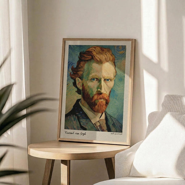May include: Van Gogh self-portrait print in thin gold frame displayed on round wooden side table next to beige upholstered chair. Artwork shows the artist with reddish beard and hair against swirling blue-green background in his distinctive Post-Impressionist style. Soft natural light creates shadows across white wall. Green plant leaves visible in corner.