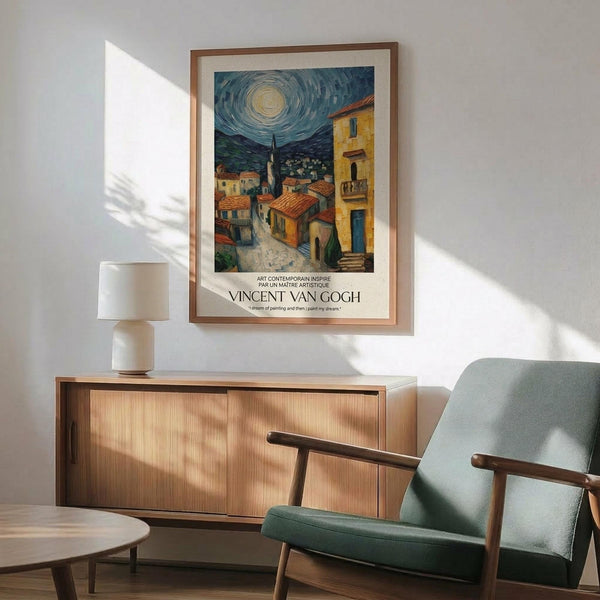 May include: Framed Van Gogh-inspired poster showing Mediterranean village with swirling night sky, yellow buildings, and cypress trees, displayed above mid-century modern wooden credenza with ceramic lamp, next to sage green armchair with walnut frame in sunlit room with white walls