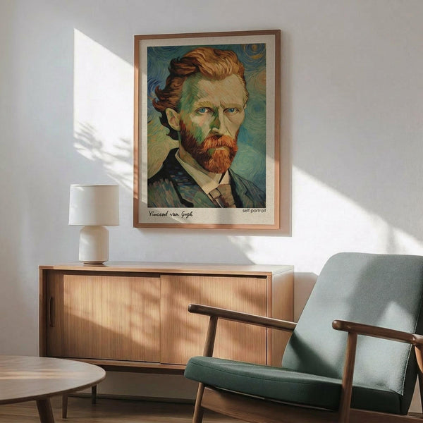 May include: Van Gogh self-portrait poster in wooden frame hanging above mid-century modern credenza with white table lamp. Teal upholstered armchair with wooden arms sits nearby. Warm sunlight creates geometric shadows on white wall. Post-impressionist artwork shows artist with reddish beard and swirling brushstroke background in blues and greens.