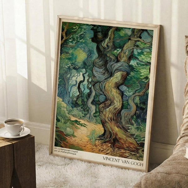 May include: A framed Van Gogh-style poster print featuring swirling cypress trees in vibrant greens, blues, and yellows with characteristic flowing brushstrokes. The artwork is displayed in a light wood frame, leaning against a white wall near a beige couch. A white coffee cup sits on a wooden side table nearby, creating a cozy living room atmosphere with natural window lighting casting soft shadows.