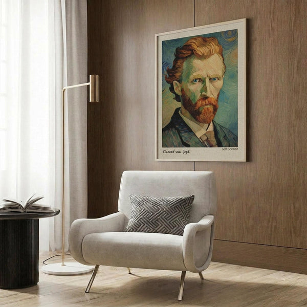 May include: A framed poster of Vincent van Gogh's self-portrait featuring the artist with red-orange hair and beard against a swirling blue-green background, displayed on a wood-paneled wall above a cream upholstered armchair with geometric patterned pillow, next to a brass floor lamp and dark round side table with open book.