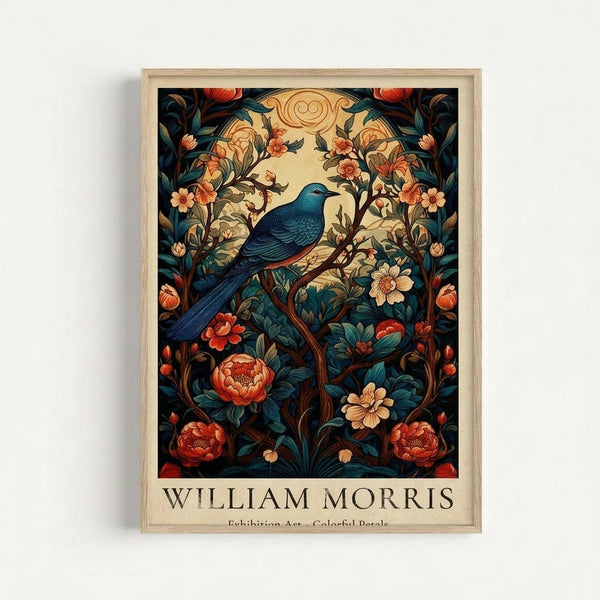 Framed botanical art print featuring a blue bird perched on flowering branches with orange peonies and cream blossoms against a dark teal background. The decorative design shows William Morris-inspired Arts and Crafts styling with intricate floral patterns and flowing vines. Set in a light wood frame against a white wall, displaying rich jewel tones and vintage textile-like aesthetic.