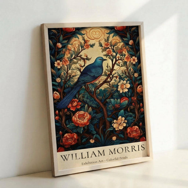 Framed poster featuring a detailed illustration of a blue bird perched among ornate flowering vines with coral and cream blooms. The artwork displays intricate William Morris-style botanical patterns in rich blues, greens, and warm orange tones against a cream background. Text at bottom reads "WILLIAM MORRIS Exhibition Art - Colorful Petals." The print is displayed in a light wood frame leaning against a white wall.