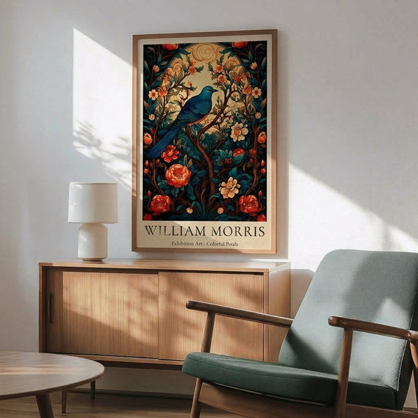 May include: Framed botanical art print featuring a blue bird perched among vibrant orange and red flowers with dark green foliage, displayed above a wooden sideboard with white ceramic lamp, next to a mint green mid-century modern armchair with wooden arms in a bright room with natural sunlight casting shadows on white walls.