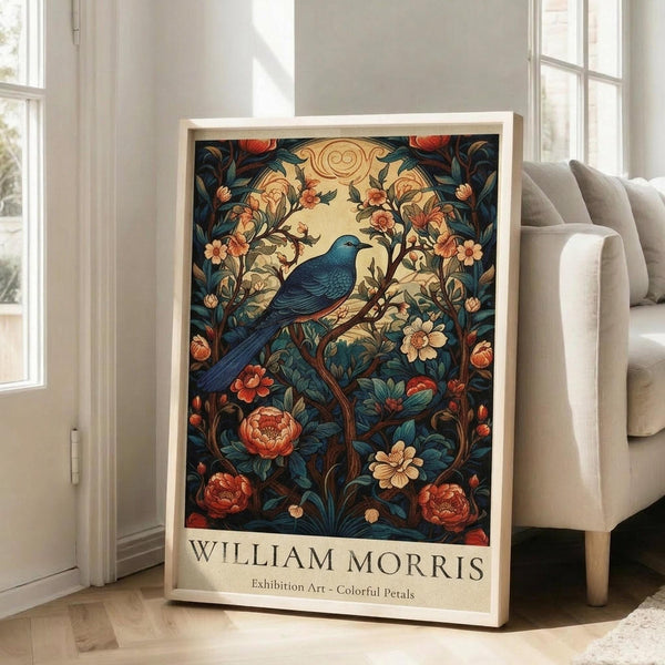 May include: Framed poster featuring a blue bird perched among flowering branches with coral peonies and cream blooms against a dark teal background, displayed in a bright living room with white walls, large windows, and a beige sectional sofa on light wooden floors.
