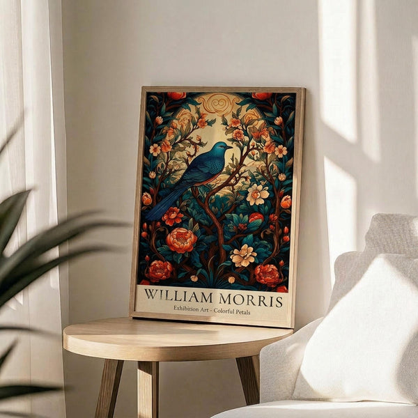 May include: Framed poster featuring a blue bird perched among ornate botanical patterns with red and coral flowers on a dark teal background, displayed on a round wooden side table next to a beige upholstered chair. Soft natural lighting creates shadows on white walls, with a plant visible in the corner of the room.