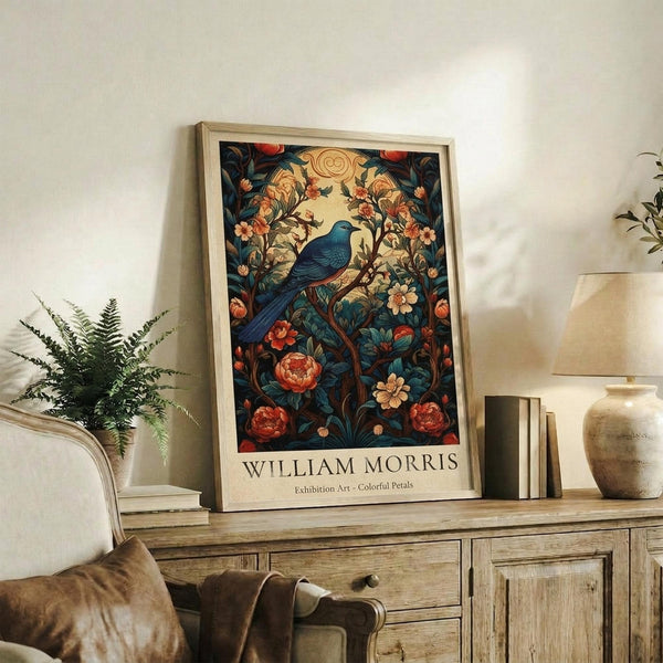 May include: Framed William Morris exhibition poster featuring a blue bird perched among vibrant orange and red flowers with decorative foliage against a cream background. The vintage-style botanical art print sits on a rustic wooden sideboard next to a fern plant, ceramic lamp, and books in a neutral-toned living room setting.