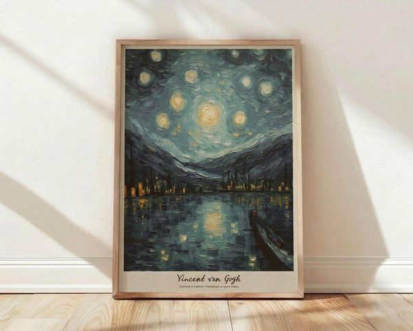 May include: Framed poster print of van Gogh's Starry Night Over the Rhône displayed against white wall on wooden floor. Artwork shows swirling night sky with bright stars and moon over dark water with yellow building lights reflected. Small boat visible in foreground. Print has light wooden frame with cream matting and artist attribution at bottom.