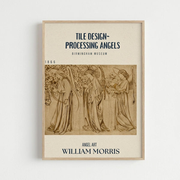May include: Framed vintage sepia-toned illustration showing three angels in flowing robes gathered together, with ornate foliage background. The print features classic Victorian-era line art style in warm brown tones on cream paper, displayed in a light wood frame against a white wall.