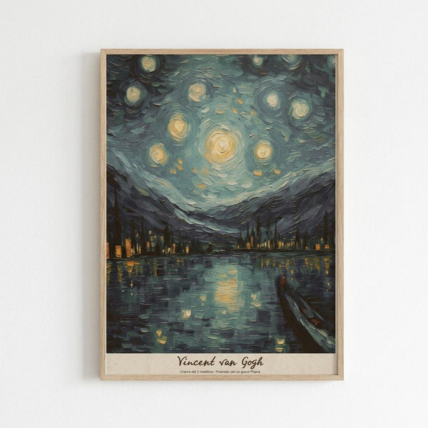 May include: Framed poster print of Van Gogh's Starry Night artwork mounted on white wall. Shows swirling night sky with bright yellow stars and moon over dark mountains and village with church spire. Water reflects lights from buildings and stars. Boat visible in foreground on right. Painting features thick, textured brushstrokes in blues, yellows, and dark tones. Natural wood frame with artist signature at bottom.