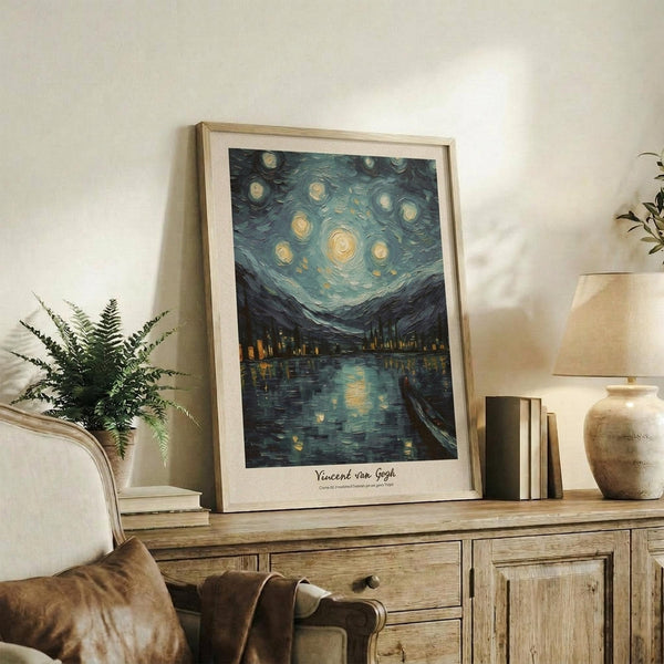May include: Framed art print featuring swirling night sky with luminous stars and crescent moon over a lakeside town with mountain silhouettes, displayed on rustic wooden sideboard alongside fern plant, ceramic lamp, decorative vase, and stacked books in neutral-toned living room setting with beige upholstered chair and throw pillows