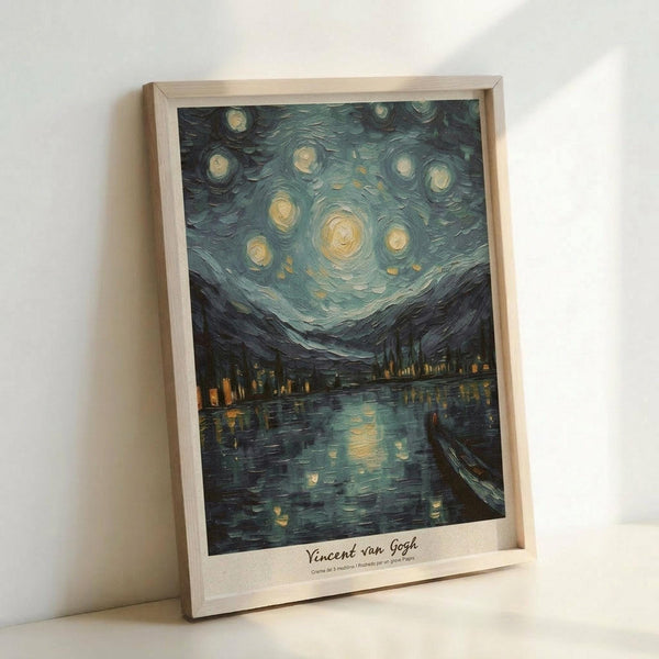 May include: Framed art print of Van Gogh's Starry Night painting featuring swirling blue-green night sky with bright yellow stars and crescent moon above dark mountains and village with reflective water. Print has artist attribution at bottom and sits in light wood frame against white wall, showing the classic post-impressionist brushstroke style with thick paint texture appearance.