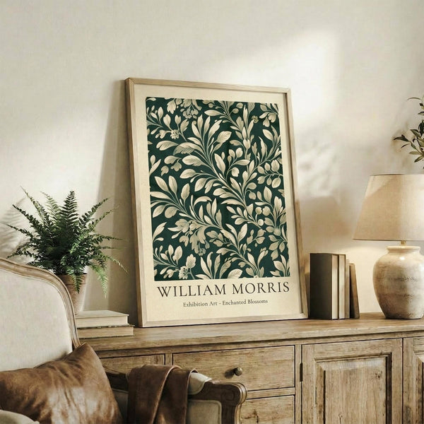 May include: Framed botanical art print with dark green background and cream-colored leaves and flowers in flowing William Morris style pattern, displayed on rustic wooden sideboard alongside fern plant, ceramic vase, and books in warm-toned living room with beige chair and neutral walls