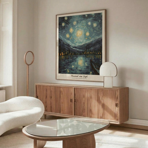 May include: Van Gogh's Starry Night poster print with swirling blue sky and golden stars, displayed in thin wood frame above walnut credenza. Modern living room setting with white curved chair, glass oval coffee table, and minimalist white table lamp. Soft natural lighting creates warm, contemporary atmosphere showcasing the classic impressionist artwork's vibrant blues and yellows against neutral beige walls.