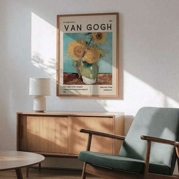 May include: Van Gogh sunflowers museum poster in light wood frame hanging on white wall above modern wooden sideboard. Green upholstered mid-century armchair with wooden arms sits nearby. White table lamp and round coffee table visible. Natural sunlight creates geometric shadows across the minimalist room setting.