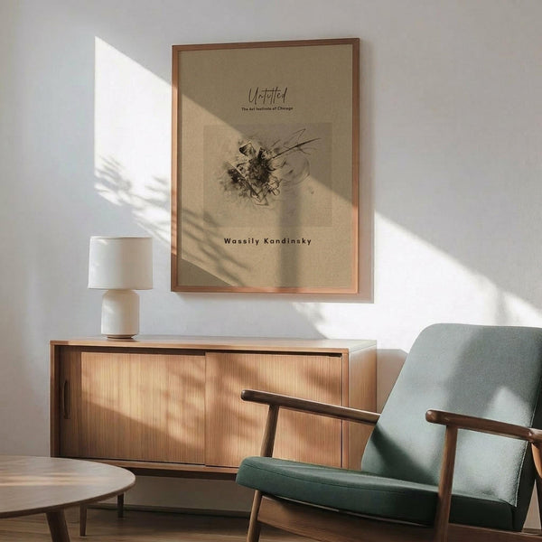 May include: Framed beige poster with abstract black ink drawing mounted on white wall above wooden sideboard. Mid-century modern living room setting with sage green upholstered armchair, round wooden coffee table, and ceramic table lamp. Natural sunlight creates diagonal shadows across the scene. The artwork features flowing, gestural black lines on cream background in thin wooden frame.