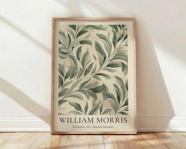 May include: Framed botanical art print featuring flowing green and cream leaves in William Morris-inspired pattern, displayed in light wood frame against white wall with natural window lighting casting soft shadows on wooden floor.