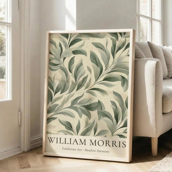 May include: Framed botanical art print with flowing green and cream leaf pattern in natural wood frame, leaning against white wall next to beige upholstered sofa in bright living room with large windows and natural sunlight streaming across hardwood floors.