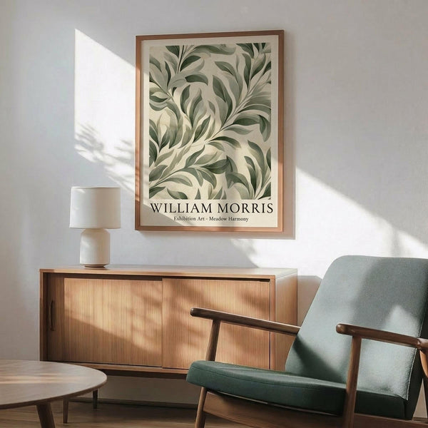 May include: Framed botanical poster with flowing green leaves in swirling pattern on cream background, displayed above wooden sideboard with ceramic table lamp. Mid-century modern sage green upholstered armchair with wooden frame sits nearby. Natural sunlight creates shadows on white wall in minimalist living room setting.