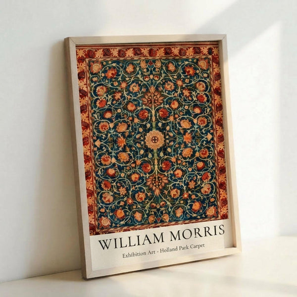 May include: Framed poster print featuring an ornate Victorian carpet design with intricate floral patterns in deep teal blue center and warm rust orange border. The detailed botanical motifs show swirling vines, blooms, and medallions in rich jewel tones. Light wood frame displayed against white wall, casting subtle shadows. The artwork showcases traditional decorative arts with symmetrical composition and elaborate ornamental details.