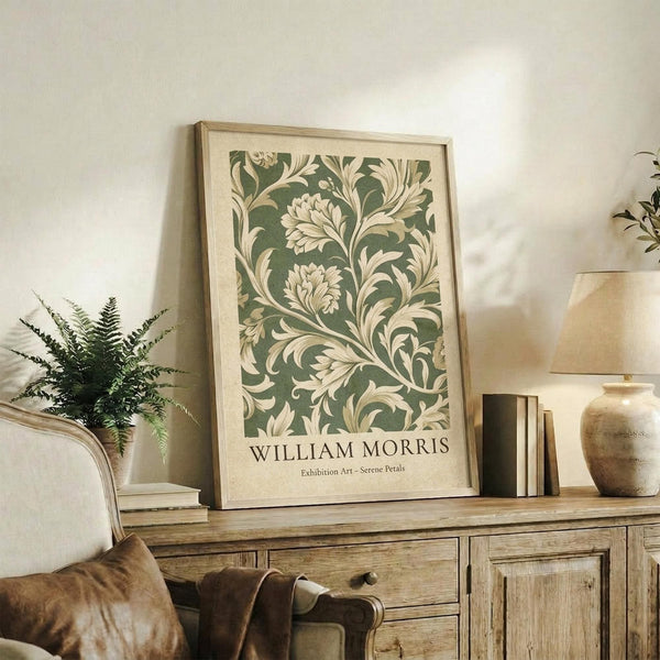 May include: Framed botanical poster with sage green and cream floral pattern leaning against white wall on rustic wood sideboard. Room setting shows fern plant, ceramic vase, stacked books, and beige upholstered chair with brown throw blanket. Soft natural lighting creates warm, cozy atmosphere in modern farmhouse style interior.