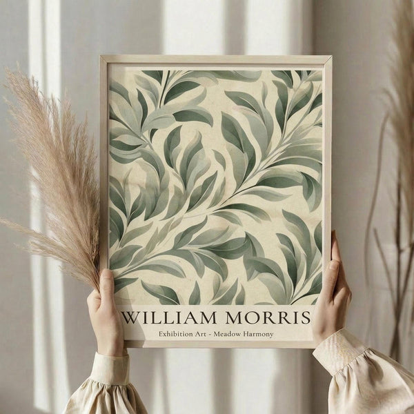 May include: Person holding framed botanical art print featuring flowing green and cream leaves in decorative swirling pattern, standing near window with dried wheat stems, wearing beige ruffled sleeves against neutral curtained background