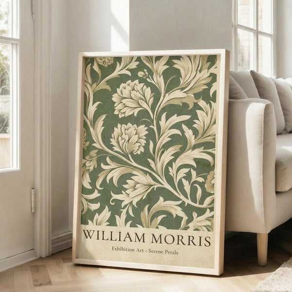 May include: Framed botanical art print with sage green background and cream-colored flowing acanthus leaves and flowers in vintage Arts and Crafts style, leaning against white wall near beige upholstered sofa in bright living room with large windows and natural lighting on hardwood floors.