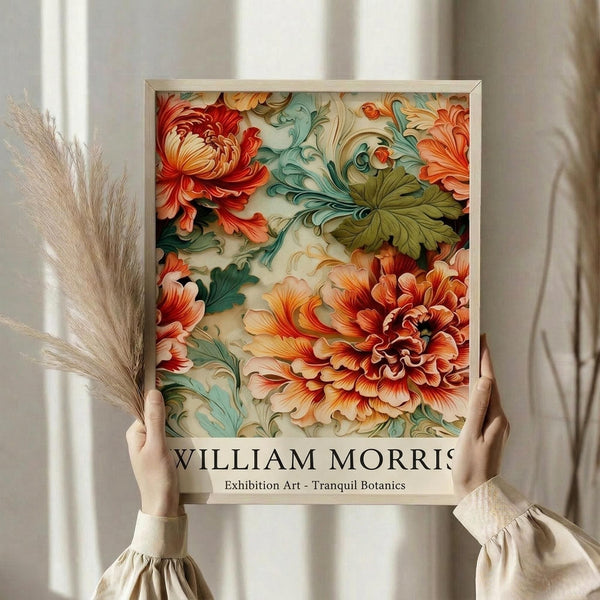 May include: Hands holding a framed botanical poster featuring vibrant orange and coral peonies with teal and green foliage in William Morris decorative style. Light wood frame against neutral curtained background with dried pampas grass visible to the left. Person wearing cream ruffle-sleeved top displaying the colorful floral artwork.