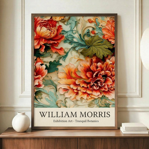 May include: Framed botanical art poster with vibrant orange and coral flowers, teal and green foliage in decorative swirling patterns against cream background. White ceramic vase and stacked books sit beside the wooden-framed artwork on a walnut credenza. Neutral wall with white wainscoting visible in background.