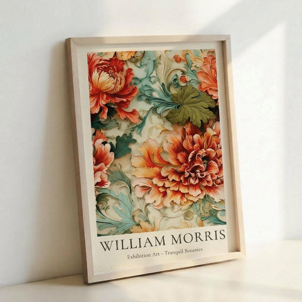 May include: Framed botanical art print featuring ornate orange and coral flowers with flowing turquoise and green foliage in decorative Victorian style, displayed in light wood frame against white wall corner. The artwork shows intricate floral patterns with layered petals and swirling leaves in warm autumn tones.