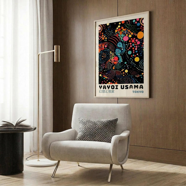 a cozy living room with a white armchair, a floor lamp, and a framed poster of Vavoi Usama, a famous Japanese street artist, hanging on the wall.