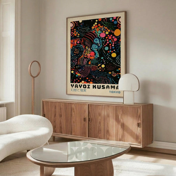 a modern living room with a large abstract art poster on the wall, a wooden cabinet, a white sofa, and a glass coffee table.