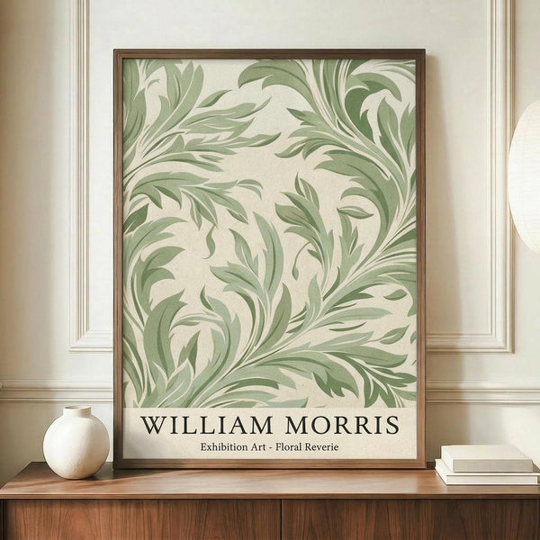May include: A framed botanical art print featuring flowing green foliage patterns on cream background, displayed on a wooden credenza next to a white ceramic vase and stacked books. The print has William Morris text at bottom and sits against cream wainscoted walls in an elegant interior setting.