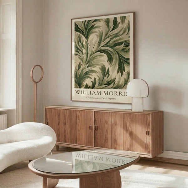 May include: Framed botanical poster with flowing green and cream acanthus leaf pattern hanging above walnut credenza in minimalist living room. White curved chair and glass coffee table visible in foreground. Natural lighting creates soft shadows on beige walls.