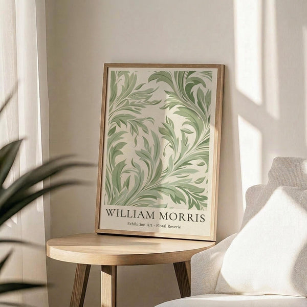 May include: Framed poster with flowing green botanical design featuring swirling leaves and foliage on cream background, displayed on round wooden side table next to beige upholstered chair. Natural sunlight creates soft shadows across white wall. Live plant leaves visible in corner of minimalist, neutral-toned room setting.